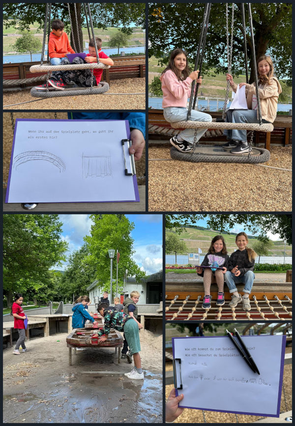 Collage aus Bildern vom Besuch des Spielplatzes (Kinder am Wasserspielplatz und auf der Schaukel, beantwortete Fragen zum eigenen Besuch von Spielplätzen)